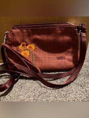 Haiku Stride Wristlet / Crossbody in Rust with Yellow Floral Embroidery